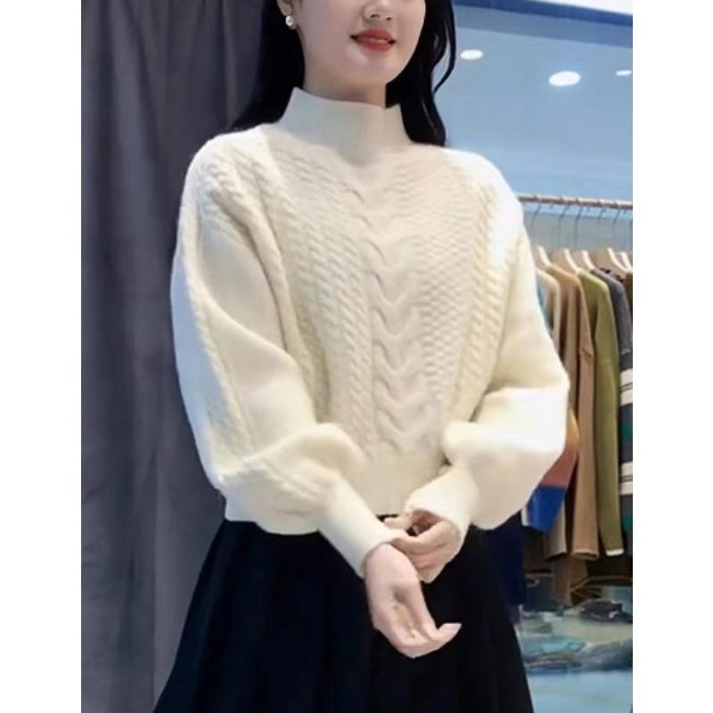 High-texture Semi-turtleneck Sweater Women's Pullover, Thick Autumn and Winter Retro Loose and Thin Long-sleeved Knitted Sweater
