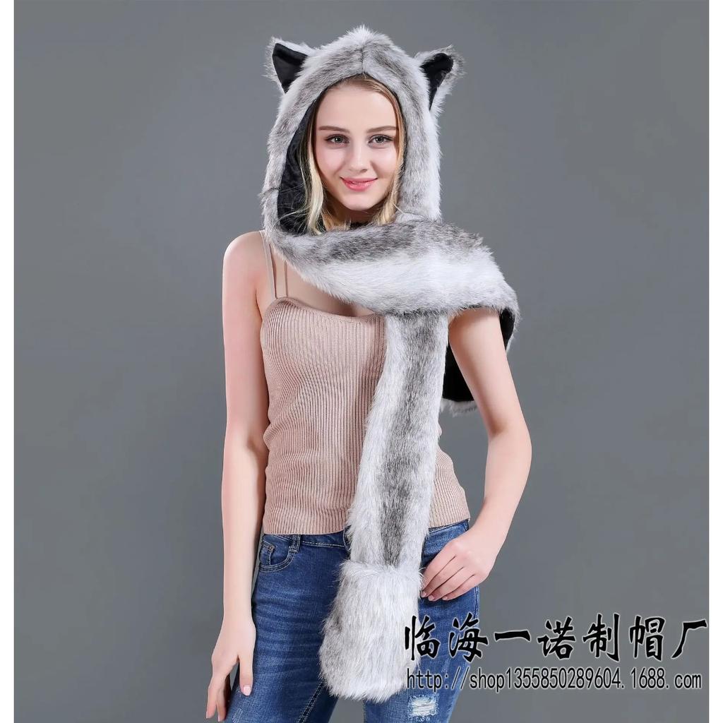 Women Girls Y2K Beanie Fur Animal Hat Scarf Glove Mitten 3-in-1 Function Furry Hoodie with Paws Ears Party Costume