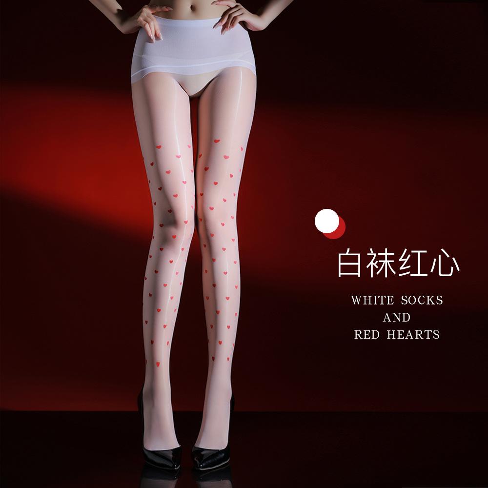 Men'S And Women'S Heart-Patterned 360 Seamless Aurora Stockings 1D Ultra-Thin Sexy Shiny Silky Pure Desire Peach Heart Design