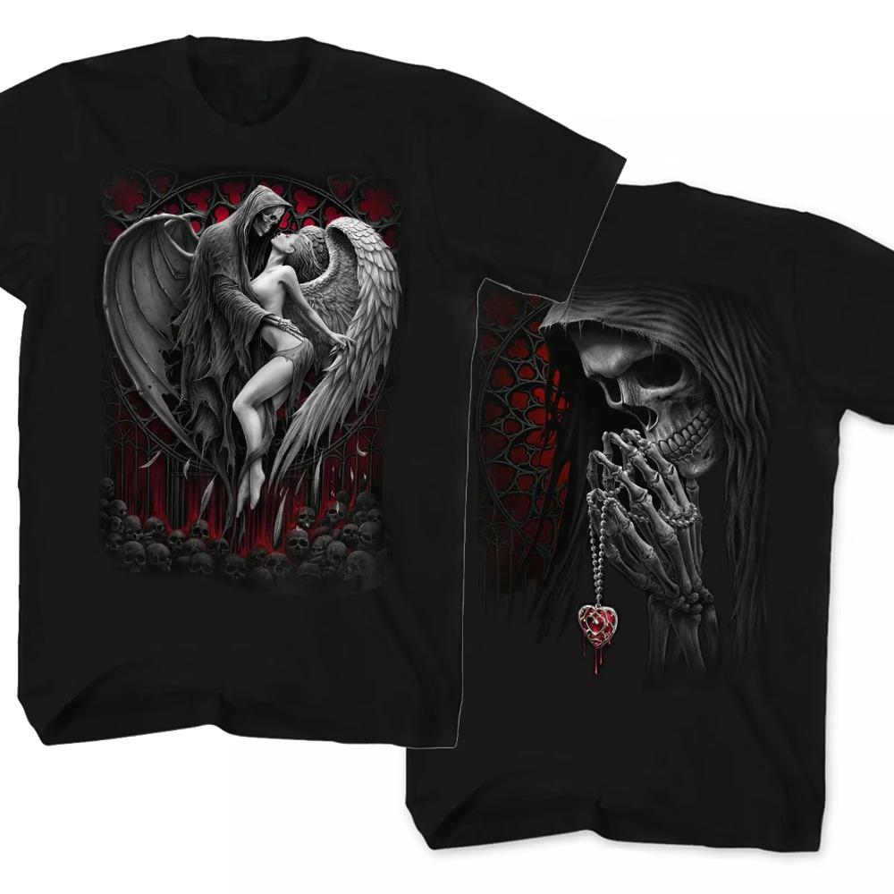

Крутой дизайн панк-рок готика черепа смерти крылья смерти жнец футболка летняя хлопковая с коротким рукавом O-образным вырезом мужская футболка новая S-3XL S чёрный
