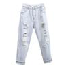 High Waist Loose Women's Denim Jeans Tear Hole Nine Points Summer Thin Autumn Wear Dad Harlan Pants Cotton Polyester Blend