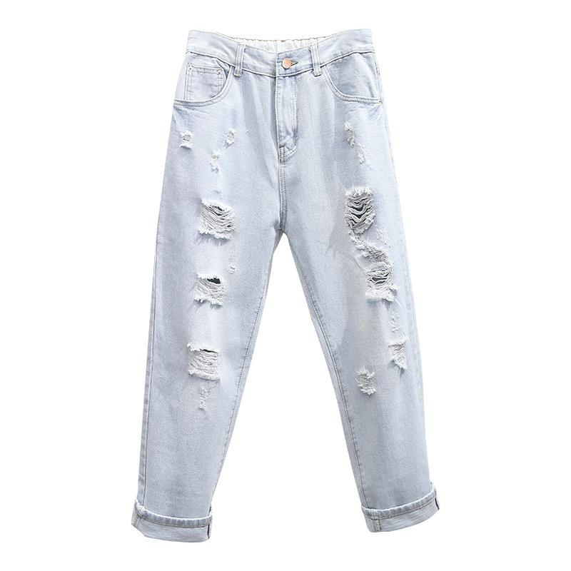 High Waist Loose Women's Denim Jeans Tear Hole Nine Points Summer Thin Autumn Wear Dad Harlan Pants Cotton Polyester Blend