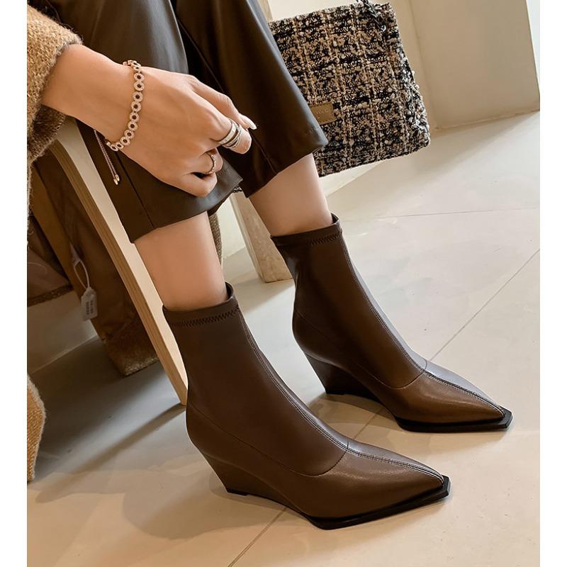 Spitze Zehen Damen Knöchelhohe Stiefel Mode Elegant Echte Leder Schuhe 7CM Dicker Absatz Damen Moderne Kurze Stiefeletten Keilabsatz Schuhe
