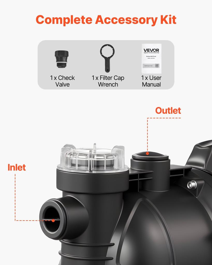 Shallow Well Jet Pump, 1300W, 230V 4800L/H Maximum Flow Rate, PP Garden Well Jet Pump with 8 M Suction Height, Thermal Protection, European Voltage