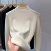 Ladies Winter Fleece Lined Thermal Long Sleeve Slim Fit Basic Solid Color Pullover Knitted Warm T Shirt Top for Layering
