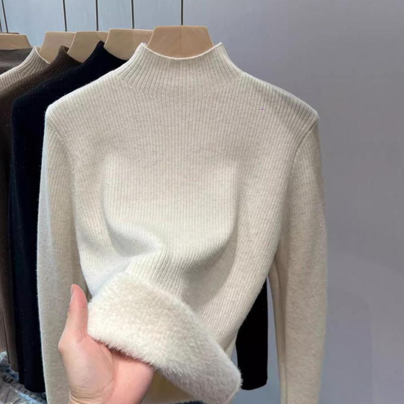 Ladies Winter Fleece Lined Thermal Long Sleeve Slim Fit Basic Solid Color Pullover Knitted Warm T Shirt Top for Layering
