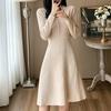 Autumn Winter V-neck Long-Sleeve Knit Dress for Women Elegant Solid Double Pockets Vertical Stripes A-Line Short Sweater Dress