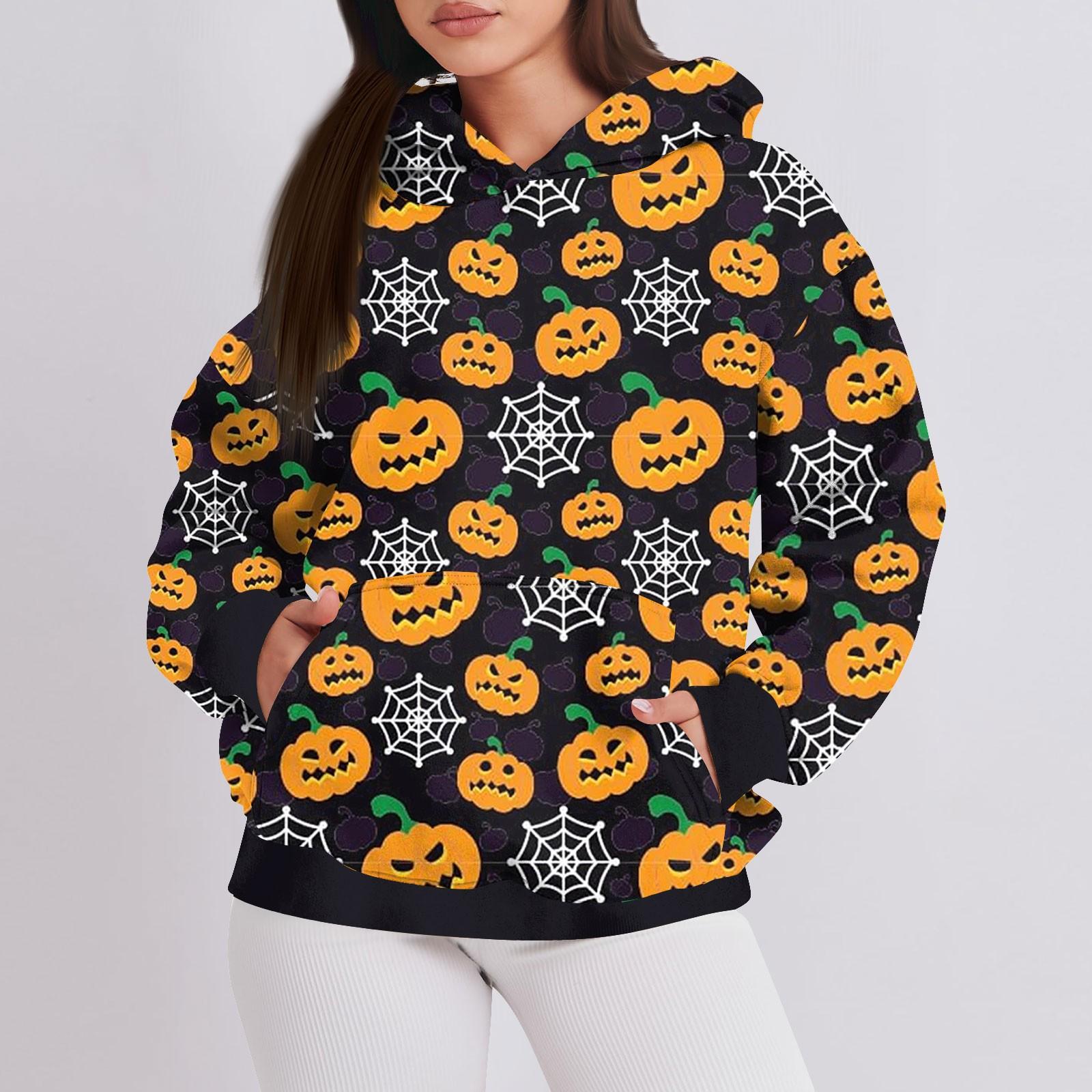 

Женская мода повседневный пуловер с капюшоном толстовка с длинным рукавом с принтом на Хэллоуин XL жёлтый