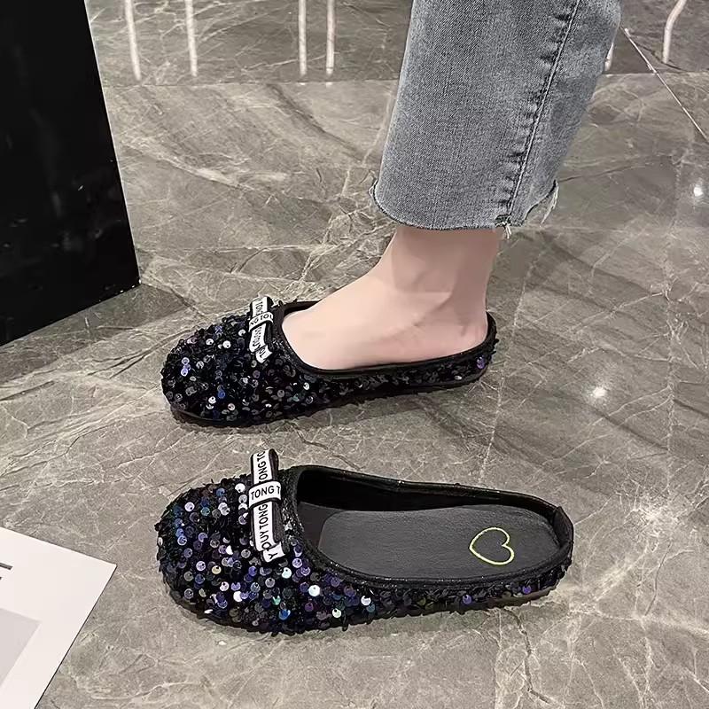 Fashion Glitter Slides Shoes Woman 2024 Slippers Flat Low Female Mule Pantofle Cover Toe Jelly Mules New PU Bling Crystal Rubber Rome Ho
