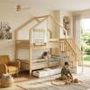 Bunk Bed, Children's Bed, Two Drawers with Rollers, Exquisite Windows, Safety Ladder with Handrails, Pine + MDF, White+Natural, 90x200cm
