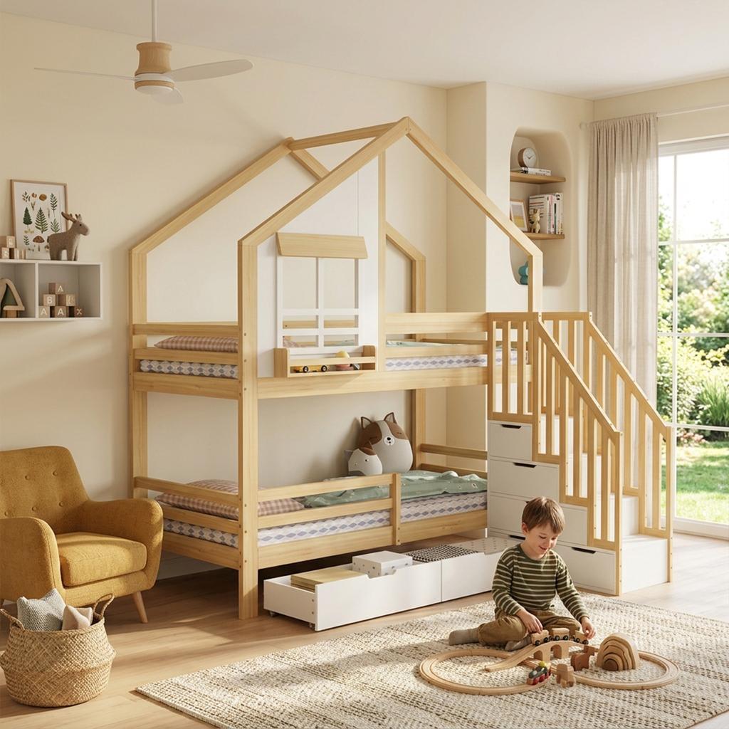 Bunk Bed, Children's Bed, Two Drawers with Rollers, Exquisite Windows, Safety Ladder with Handrails, Pine + MDF, White+Natural, 90x200cm