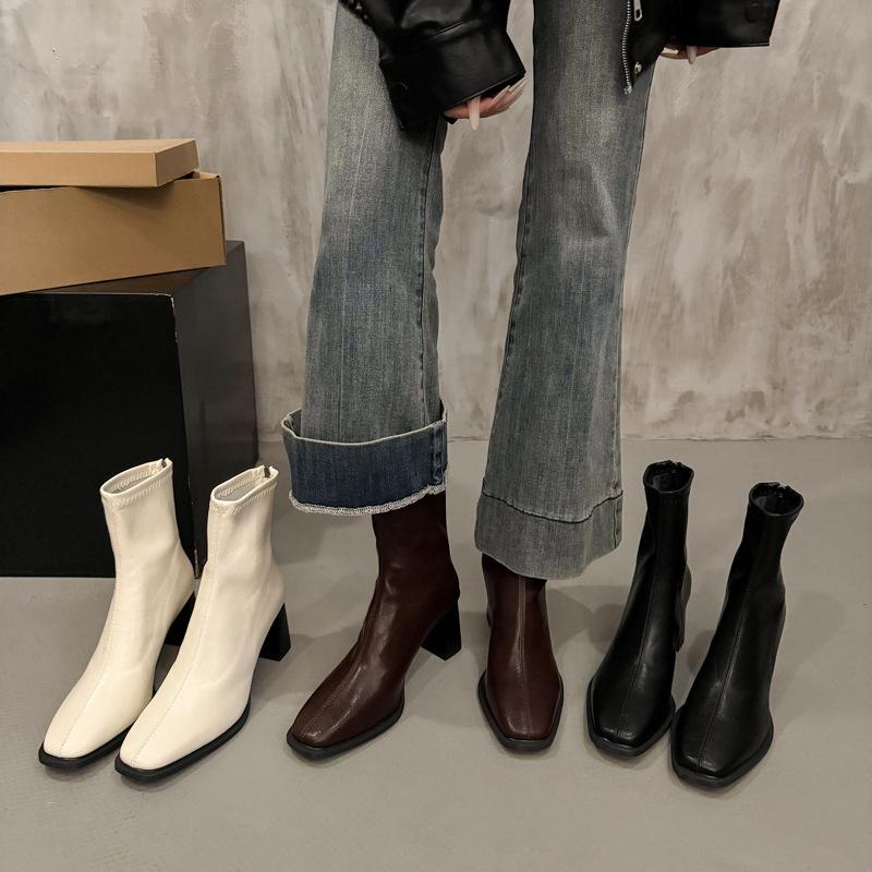 Black High-heeled Short Boots for Women's Autumn and Winter New French Retro Square Head Thin Boots Versatile Thick-heeled Martin Boots for Women's S