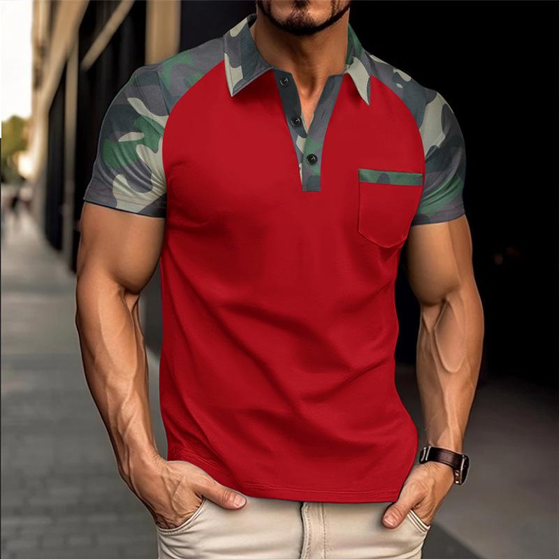 Men's Camouflage Patchwork Short Sleeve Polo, Casual Trendy Top