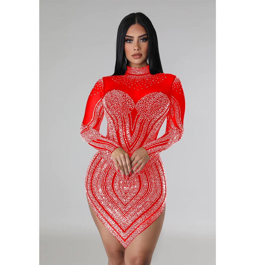 European and American Fashion Women's Solid Color Mesh Rhinestone Long Sleeve Mini Dress