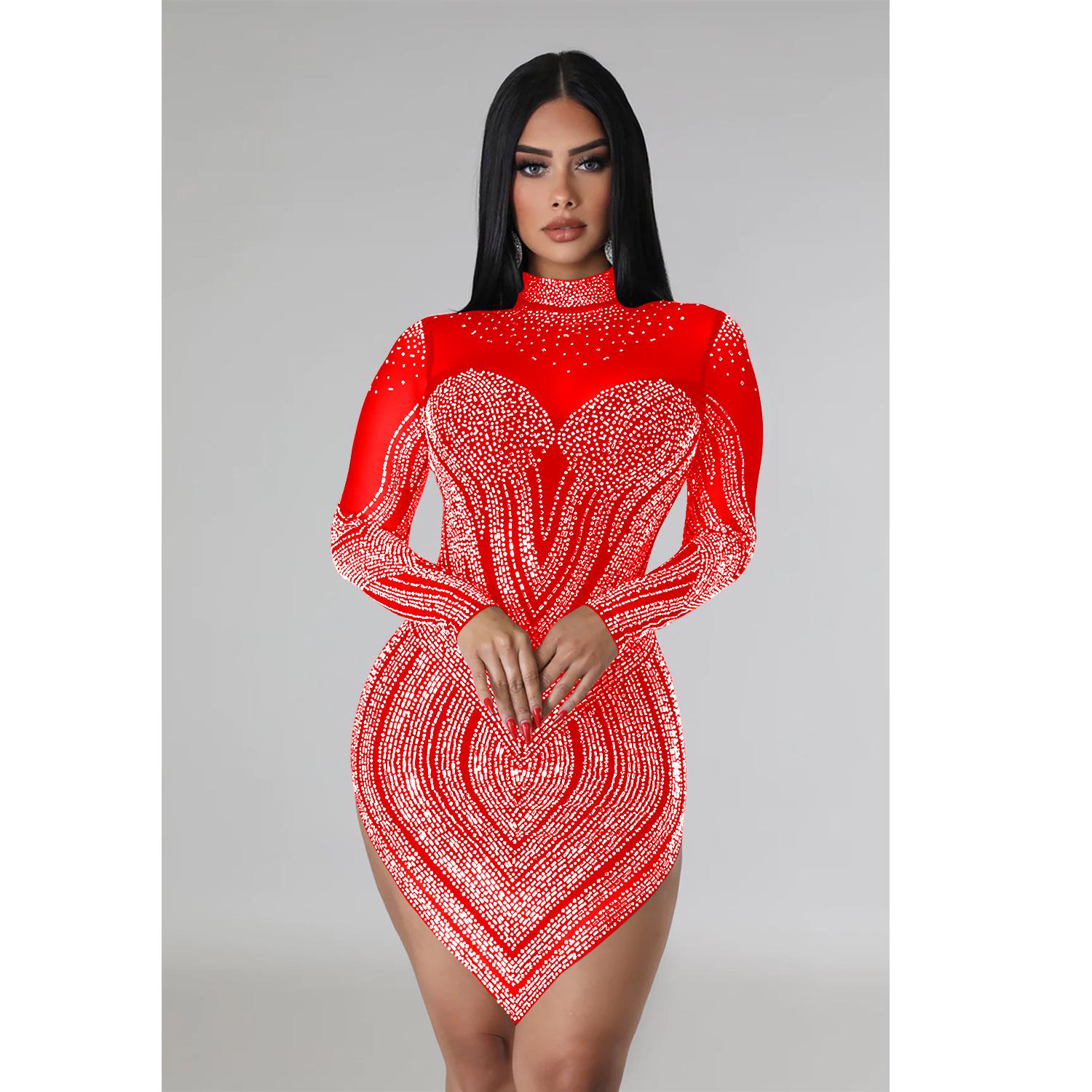 Europäisches und Amerikanisches Mode Damen Einfarbiges Netz Strass Langarm Mini Kleid XL rot