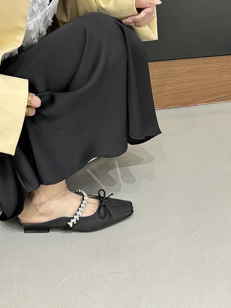 Fashion Women's Slip-on Flats with Bow Decoration Female Mules Low Heel Party Pumps Dress Chunky Heels Ladies Shoes Zapatos De Mujer