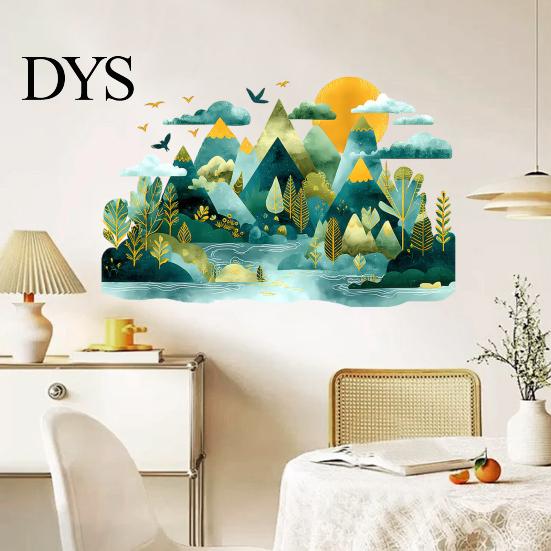 Modern Nature Wall Murals 2Pcs Watercolor Mountain Sticker, Peel And Stick Landscape Decal, PVC Waterproof Scenery Removable Forest Mural, art