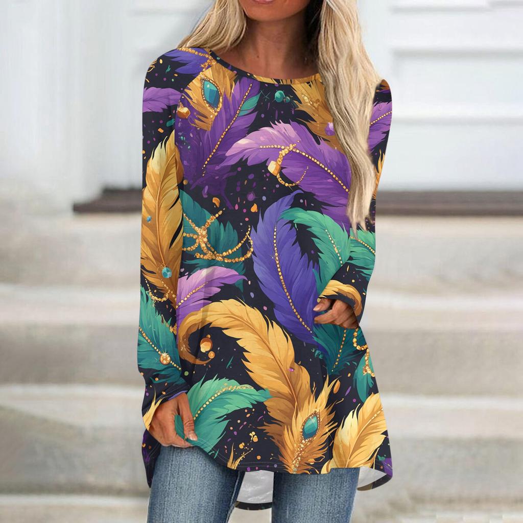 Women's Fashionable Round Neck Raglan Long Sleeved Carnival Printed Casual Pullover Top