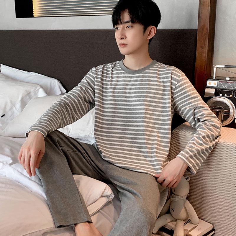 Pijama de manga larga 100 % algodón para hombre: informal, cuello redondo, ideal para usar en exteriores, perfecto para primavera y otoño.