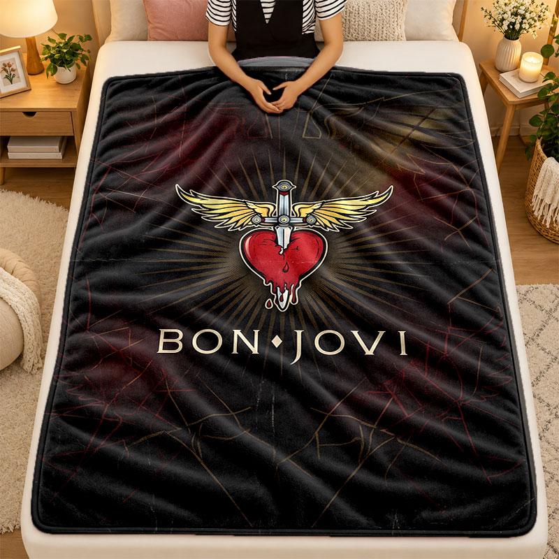 Flannel BlanketBon Jovi Warm Soft Throw Blanket for Indoor Sofa Bed Living Room Use
