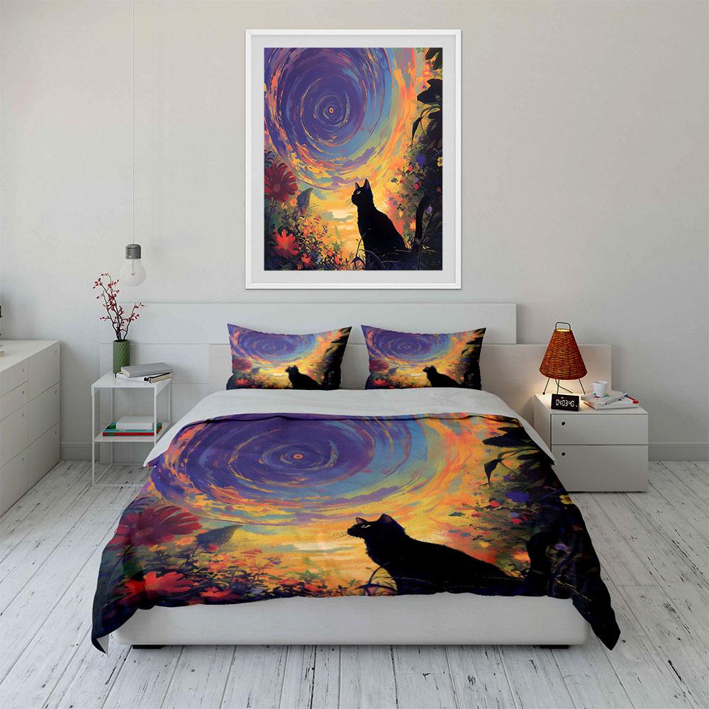 "Enchanting Cat-Inspired Nature Scene" Exquisite Three-Piece Bedding Set Gift For Kids And Adults