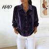 Breathable Women Blouse Shirt Lapel Long Sleeve Velvet Texture Solid Color Tops Loose Fit Buttons Placket Commuter Work Wear Everyday Top