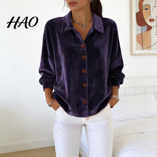 Breathable Women Blouse Shirt Lapel Long Sleeve Velvet Texture Solid Color Tops Loose Fit Buttons Placket Commuter Work Wear Everyday Top