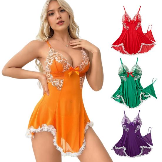 Plus Size Sexy Babydoll Nightdress for Women, V Neck Lace Sheer Mesh Nightgown, Spaghetti Strap Chemise Slip Dress with Thong