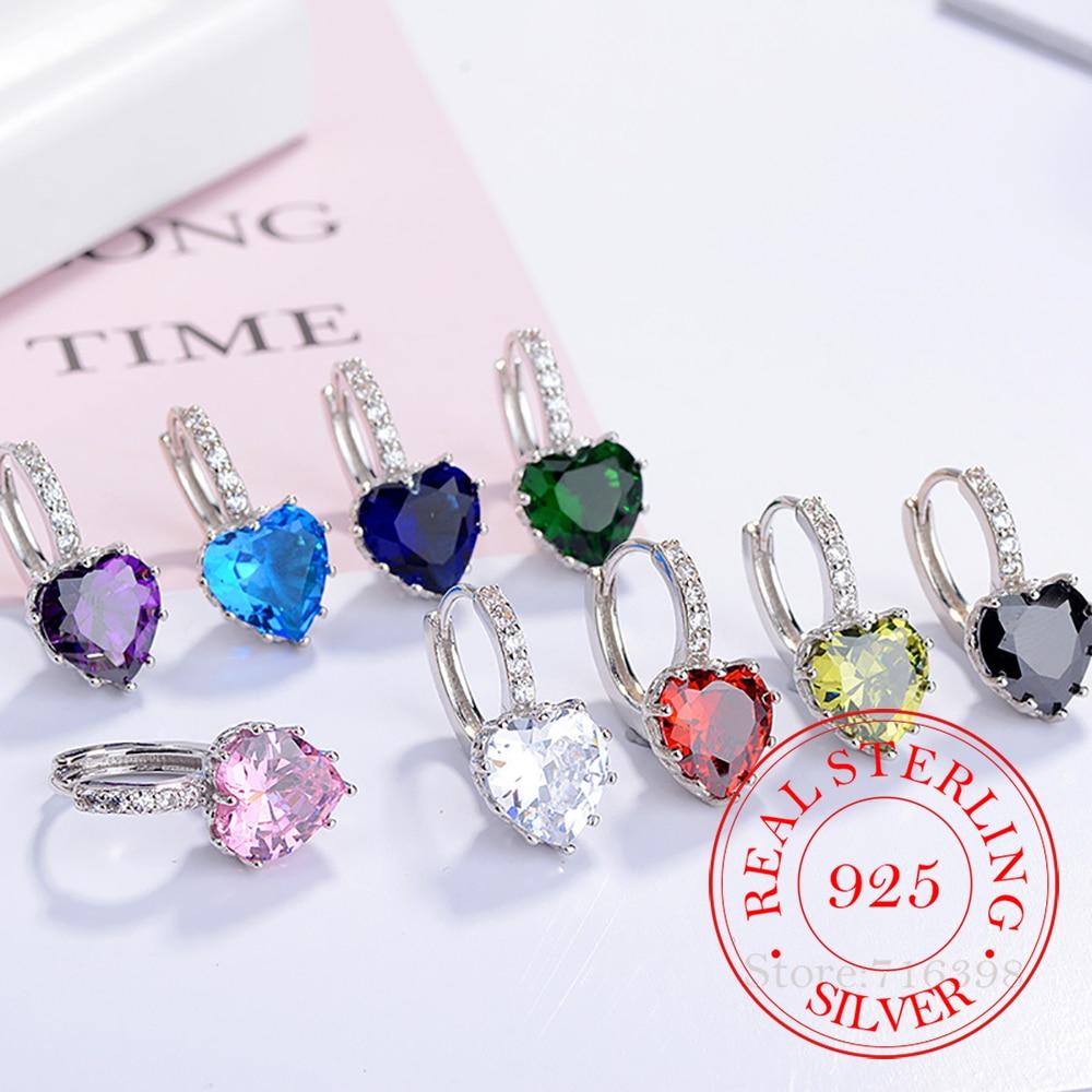 925 Sterling Silver Fine Jewelry 925 Silver Multi Color Crystal Heart Hoop Earrings for Women Wedding Party Jewelry Gift