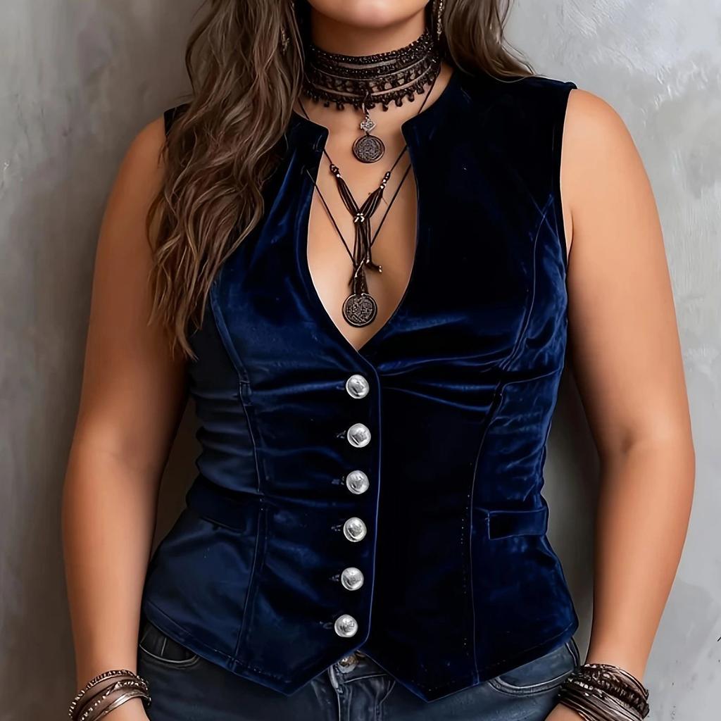 Women's Plus Size Velvet V-Neck Button Sleeveless Blouse