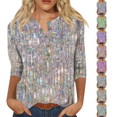 Women's Fashion Sequins Printed Seven Points Sleeve Round Neck Button Top