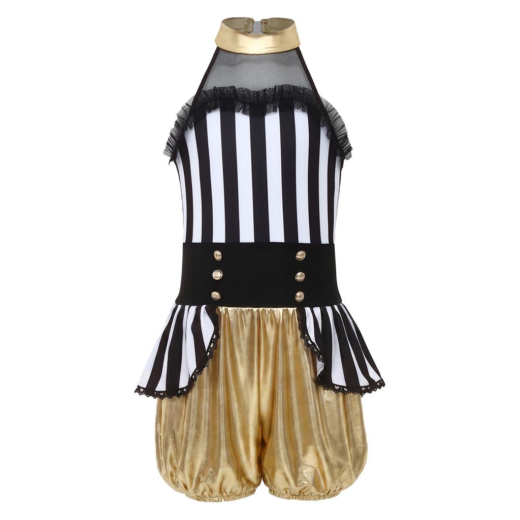 Costume Jumpsuit da Domatore di Circo per Bambina Senza Maniche Patchwork Vita Sovrapposta Romper Metallico