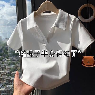 White Cotton Short-sleeved Women's Summer New Polo Collar V-neck Shoulder T-shirt Slim and Thin Spice Girl Top Popular Women