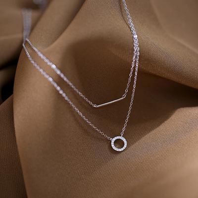 Collana Argento 925 Sterling Doppia Catena a Maglie Pendente Rotondo di Cristallo Girocollo per Ragazza Donna Collare Gioiello