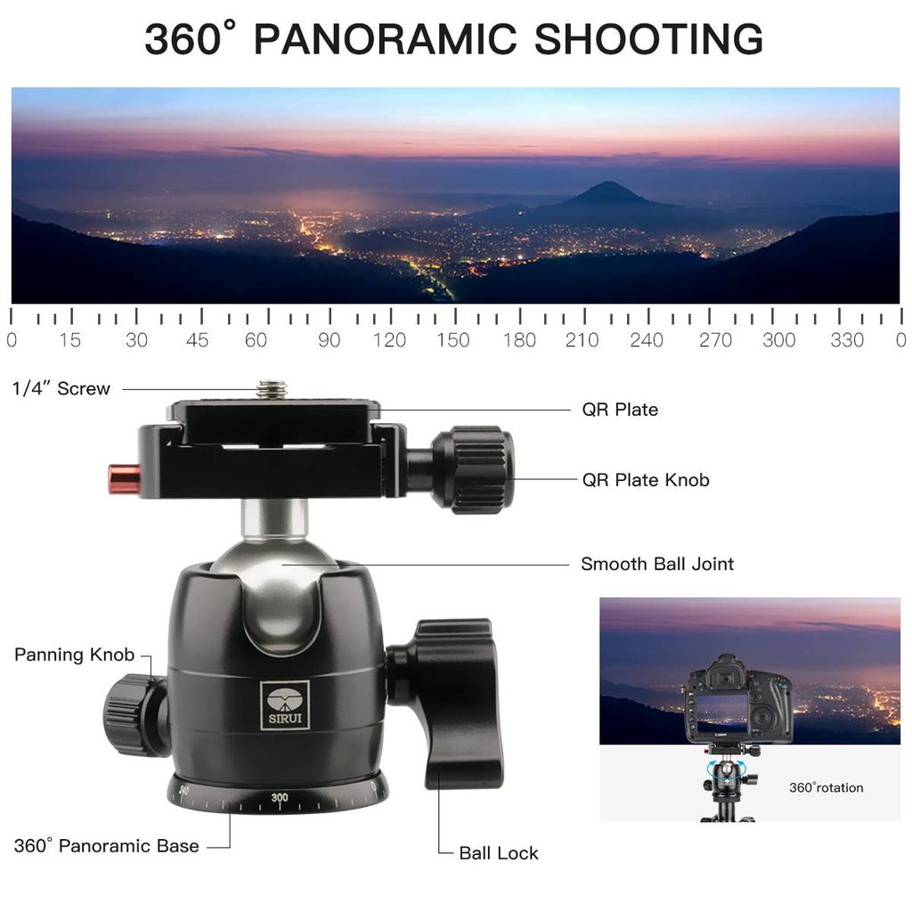 SIRUI Traveler 5AX Aluminum Camera Tripod with Panoramic Head and Quick Release Folded Maximum Load 52" 360° B-00K Arca-Swiss Plate, 12.4" Height,