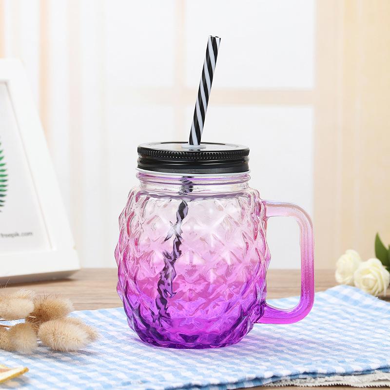 Creative Mason Cup Gradient Glass Drink Pineapple Water Cup with Lid Straw Cup Handle Cup