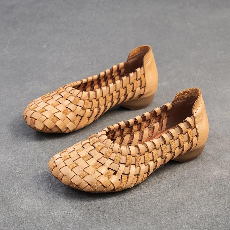 Fashion 2CM New Ethnic Handmade Weave Genuine Leather Oxfords Soft Soled Comfy Elegance Fashion Spring Summer Women Slip On Ladies Shoes