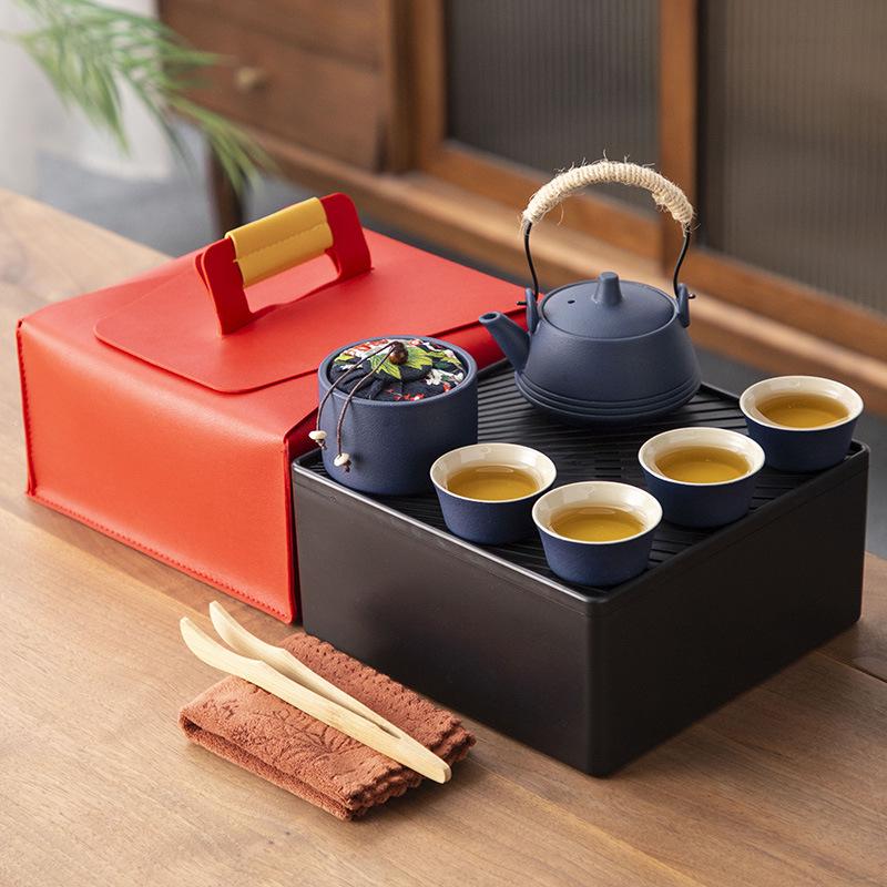 Japanese-style black pottery outdoor portable travel tea set, beam pot, dry tea tray, business company gift