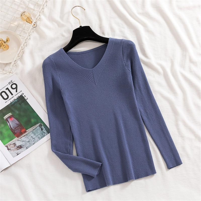 

Женские пуловеры на весну и осень, вязаные свитера, рубашка для начинающих, с длинным рукавом, с v-образным вырезом в полоску, тонкие топы, однотонные топы, один размер One Size синий