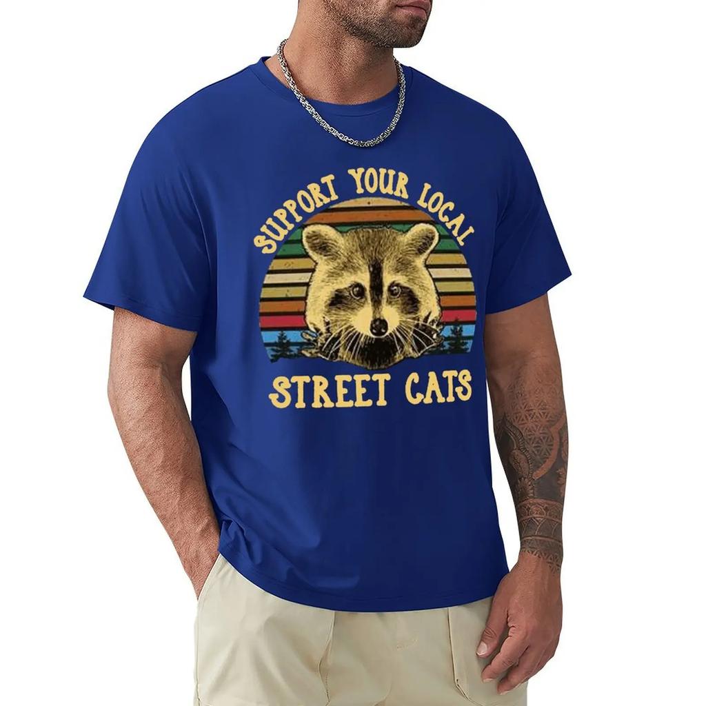 Raccoon Support Your Local Street Cats Vintage Men T-Shirt Black Cotton Unisex Loose Fit TEE Shirt