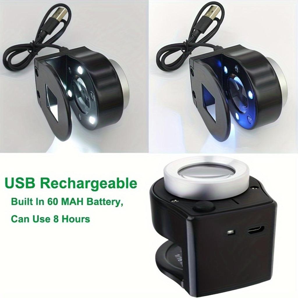 60X Coin Magnifier,Rechargeable 6 LED Metal Magnifier Glasses,USB Dual Power Portable Loupe For Jewelry Coin Stamp Textile Checking