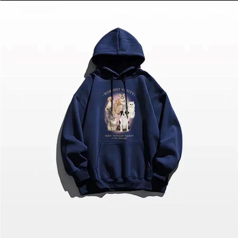 

Осень-зима, новый милый свитер с капюшоном и принтом котенка, женская милая стильная свободная женская одежда с длинными рукавами на флисовой подкладке 2XL темно-синий