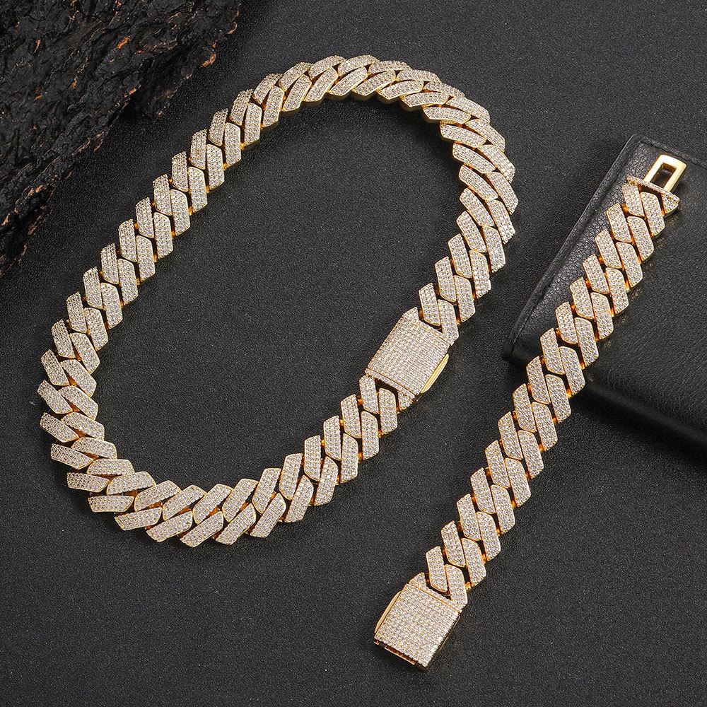 European & American 20mm Rhombus Cuban Link Zirconia Hip Hop Necklace & Bracelet for Men