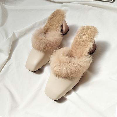 Fashion Autumn Winter Retro Square Toe Mules Women Warm Plush Fur Slippers Metal Thick Heel Slip On Flip Flops Comfort Furry Hair Slides