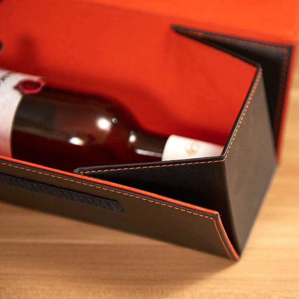 PU Leather Foldable Red Wine Gift Box Built-in Straps Wine Bottle Carrying Holder Friend Gift