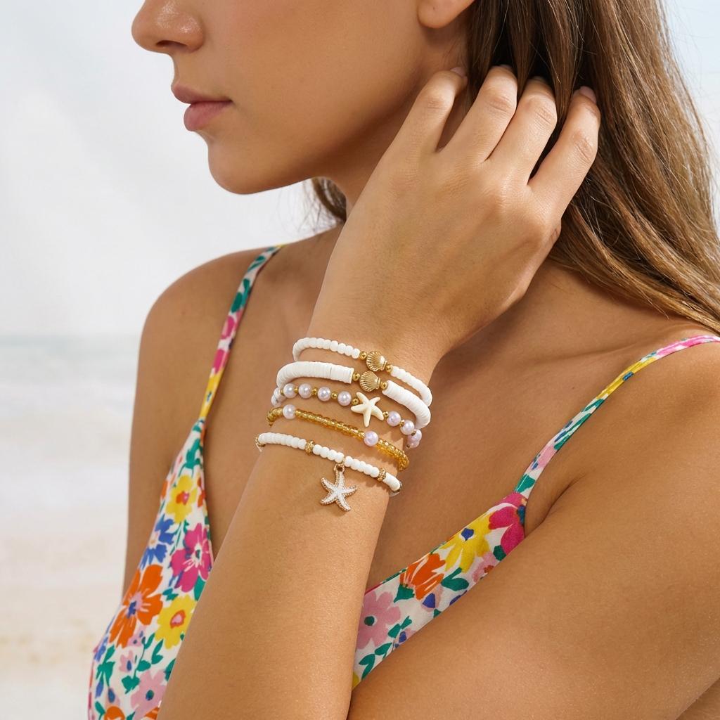 3/8 Pcs Bohemian Shell Starfish Bead Bracelet Set for Women Summer Beach Multilayer Stacked Pearl Bracelets Party Charm Jewelry