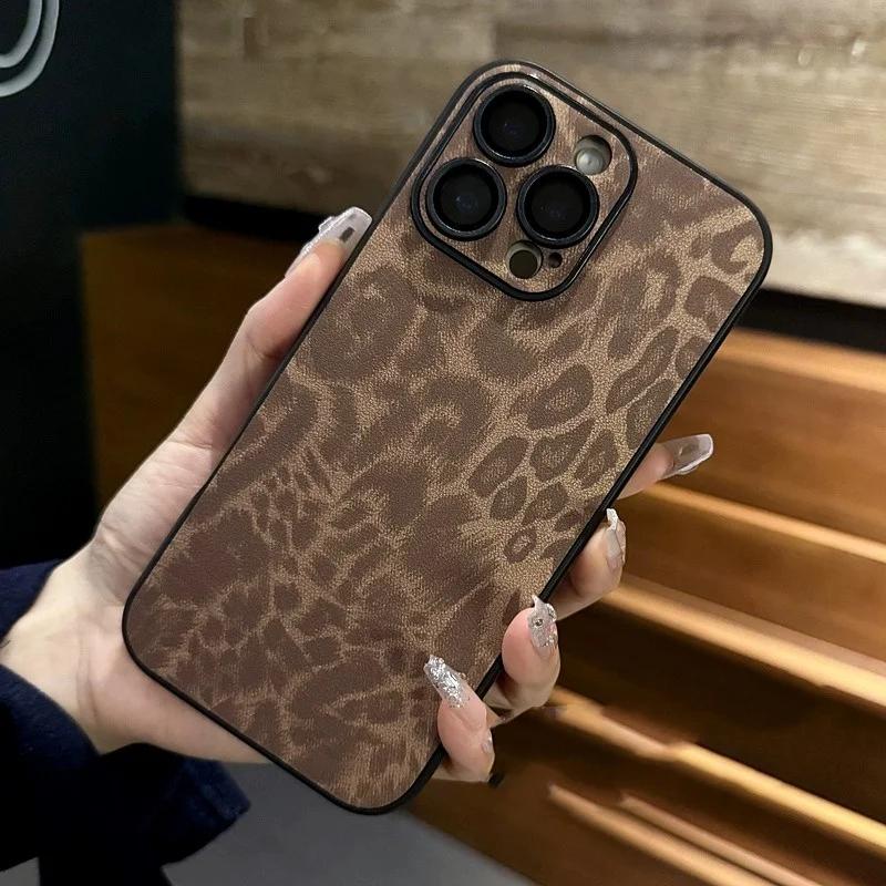 Luxury Leather Colorful Leopard Pattern Phone Case for iPhone 16 15 14 Plus 13 12 11 Pro Max Soft Bumper Matte Shockproof Cover