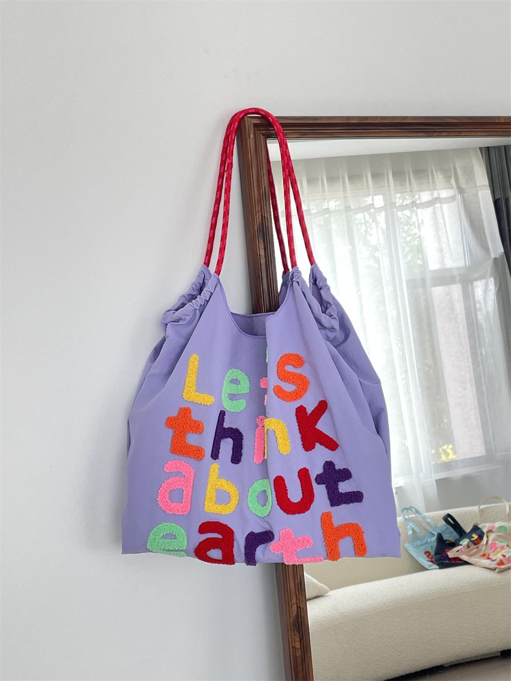 

Холщовая сумка-тоут в корейском стиле большой вместимости с вышитой надписью - Женская повседневная наплечная сумка для покупок фиолетовый
