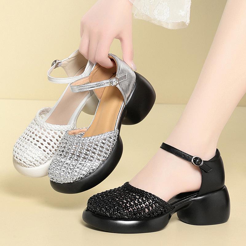 6cm Runde Spitze Ausschnitt Schuhe Echtes Leder Sandalen Sommer 2025 Damen Mittelhohe Blockabsätze Sandalen für Büro Mutter Arbeit Alltag