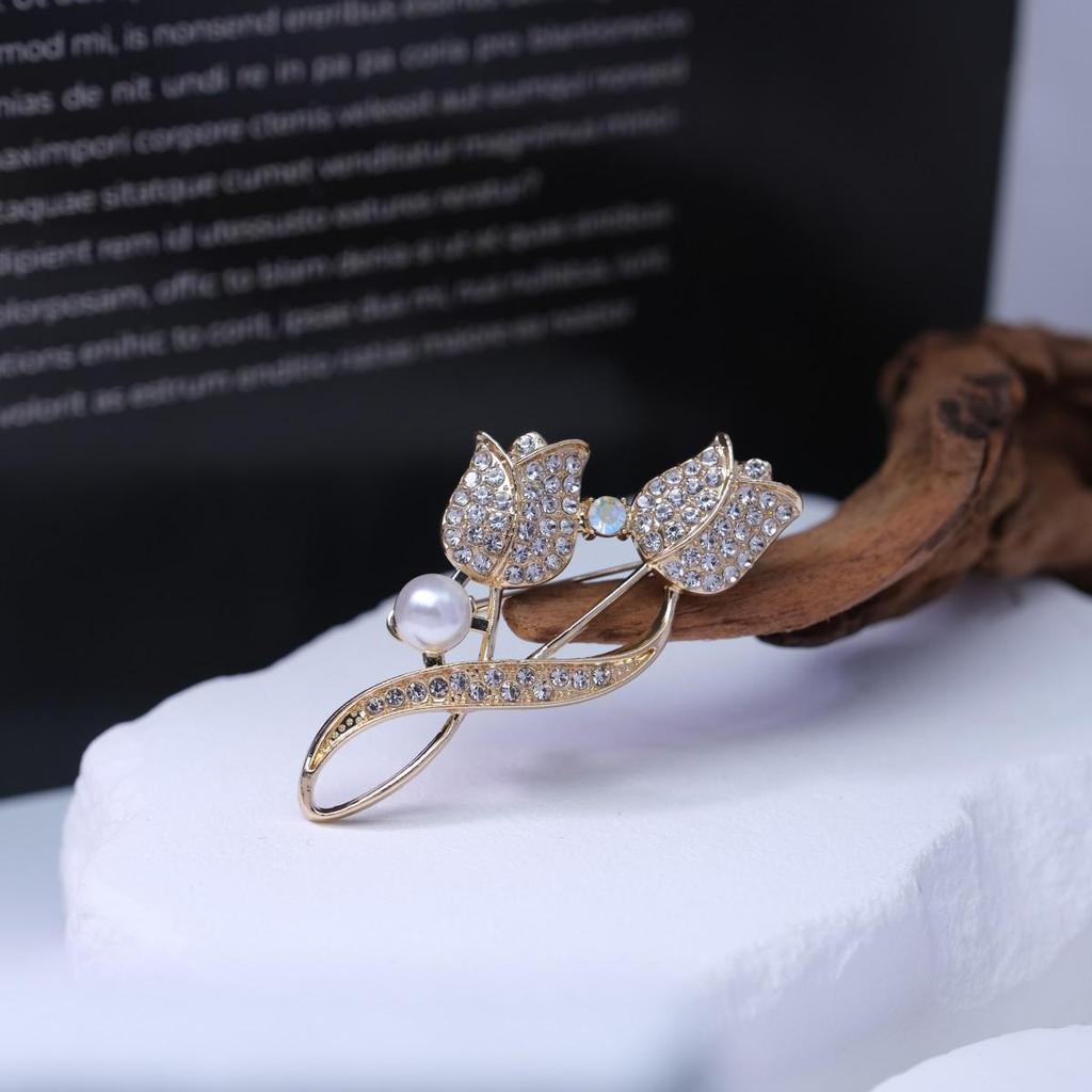 Tulip Brooch with Diamonds & Pearls - Women's Floral Pin with Secure Anti-exposure Fastener